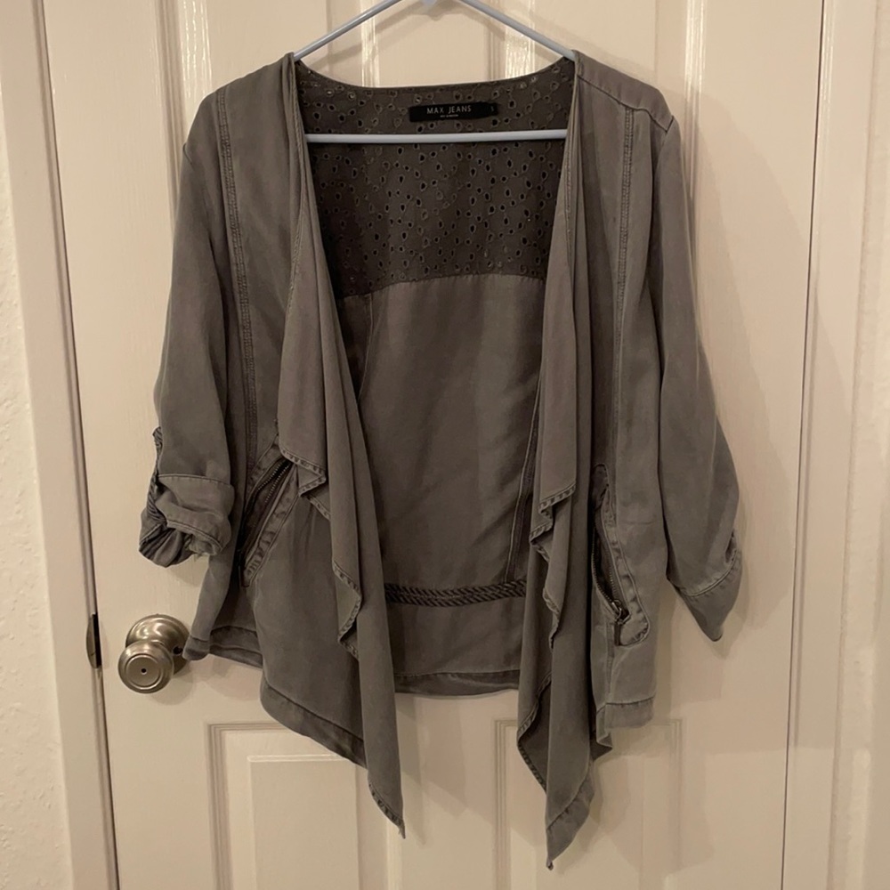 Max Jeans women’s S gray/green utility open front jacket. Button up sleeves
